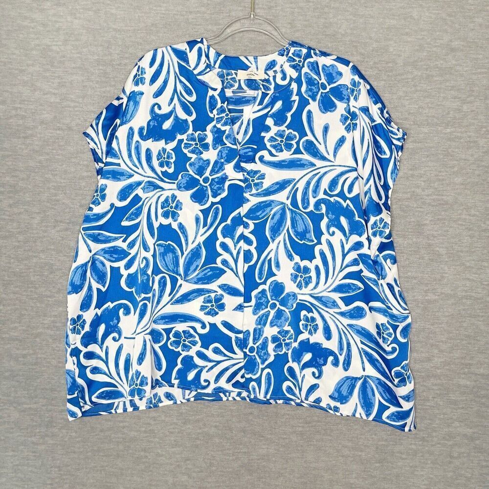 Entro Lagenlook Oversized Tunic Top Size‎ Small Blue White Floral Coastal Boho